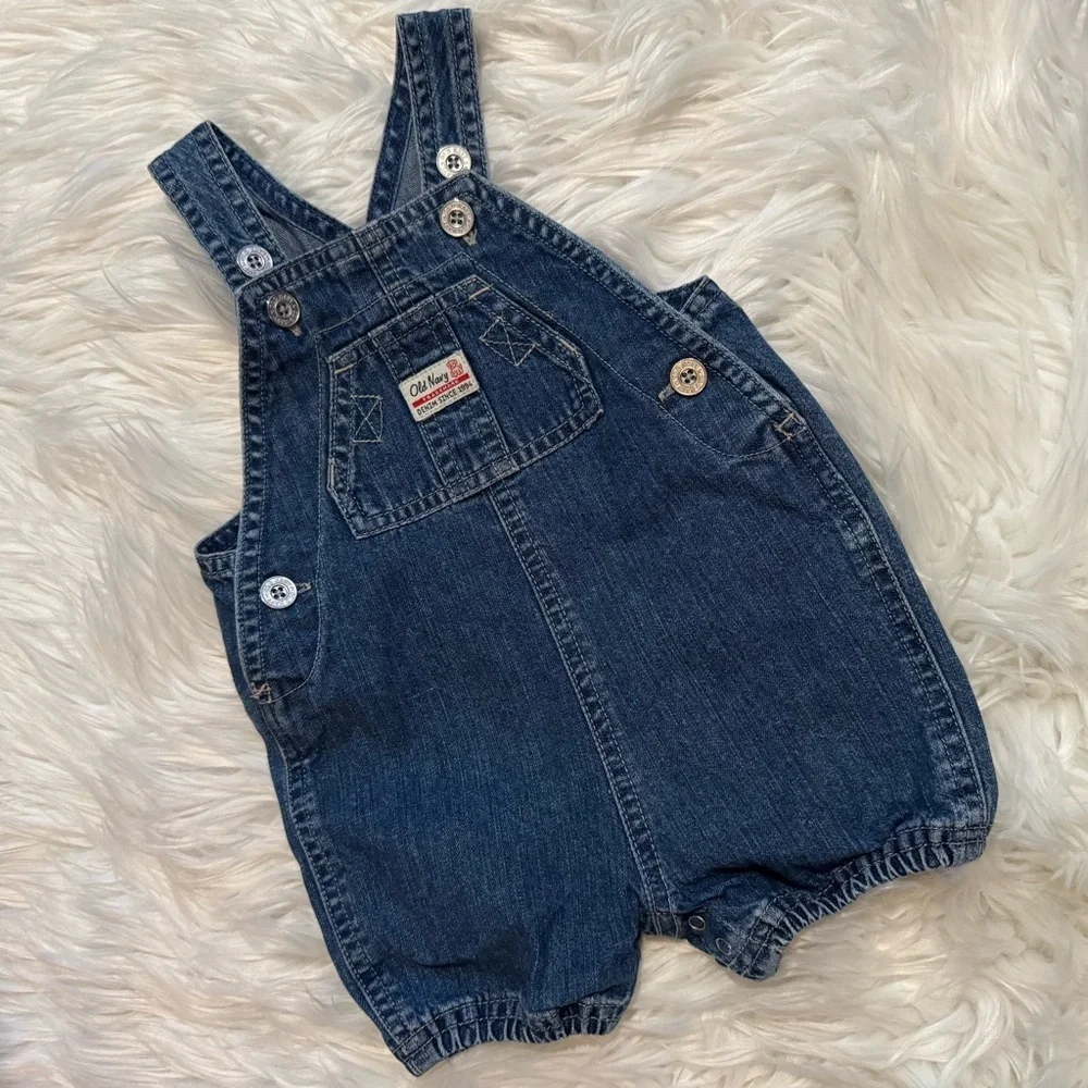 Old Navy Baby Denim Shortall Romper 3-6M Blue Unisex Overalls Snap